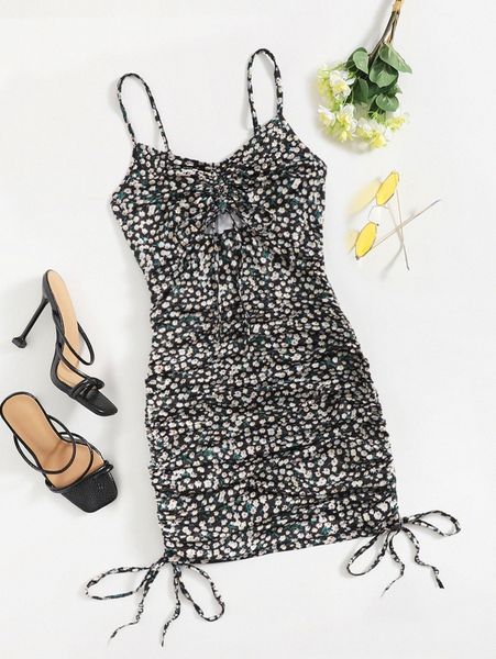 ditsy floral ruched bodycon dress 88vv#, Black;gray