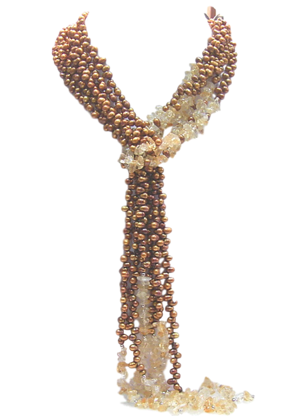 58" 3 strand brown pearl and natural citrine long ring necklace, Silver