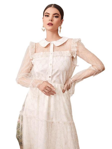 peter pan collar frill flounce sleeve mesh blouse q9d7#, White 
peter pan collar frill flounce sleeve mesh blouse q9d7#, White