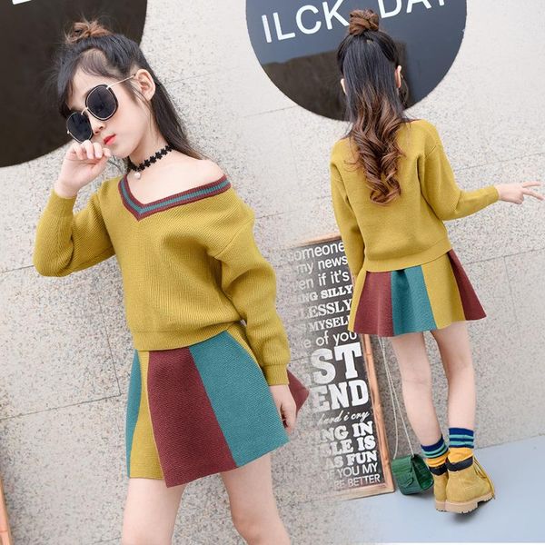 clothing sets girls' suit 2022 winter knitting sweaters short skirts two pieces, White