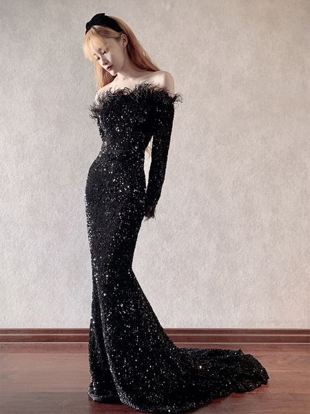 feather evening dress womens banquet elegant fishtail off-shoulder long tail temperament queen long sleeve slim dress, White;black
feather evening dress womens banquet elegant fishtail off-shoulder long tail temperament queen long sleeve slim dress, White;black