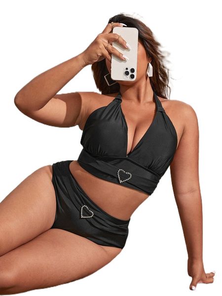 plus rhinestone studded ruched bust halter bikini swimsuit n21r#, White;black
plus rhinestone studded ruched bust halter bikini swimsuit n21r#, White;black
