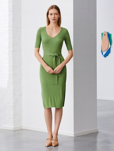 motf premium lyocell scalloped belted sweater dress a2v7#, White;black 
motf premium lyocell scalloped belted sweater dress a2v7#, White;black