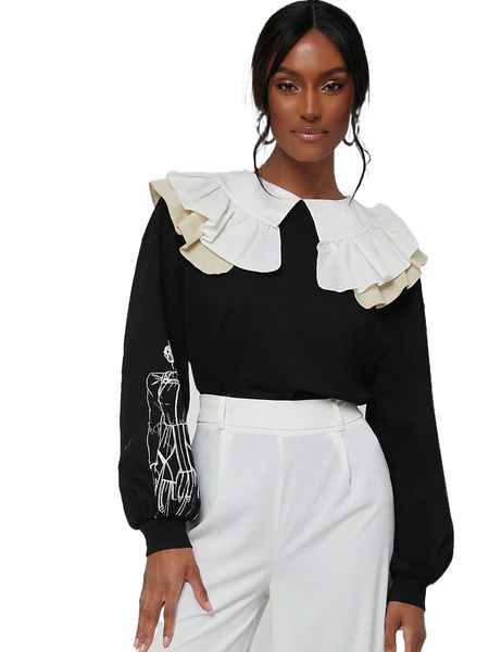 x oxana contrast ruffle trim collar lantern sleeve figure print pullover s45v#, Black
x oxana contrast ruffle trim collar lantern sleeve figure print pullover s45v#, Black