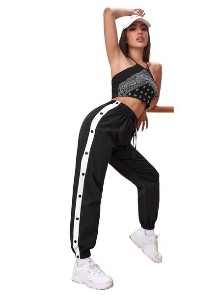 side stripe tie waist sweatpants y8sn#, Black;white
side stripe tie waist sweatpants y8sn#, Black;white