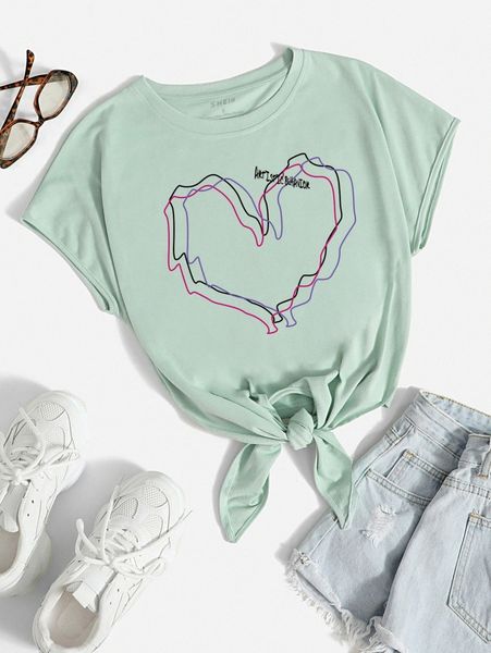 heart & letter graphic tie hem tee o8g7#, White