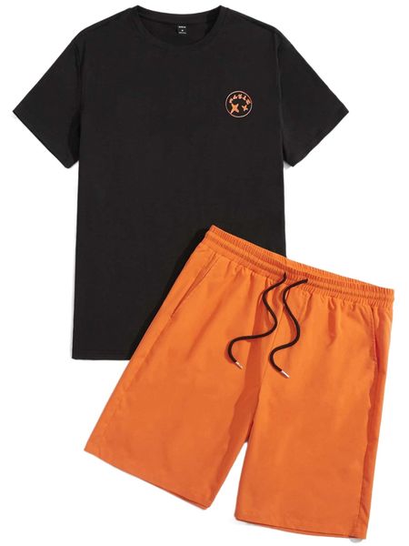 men letter graphic tee & drawstring waist shorts o3dl#, Gray
