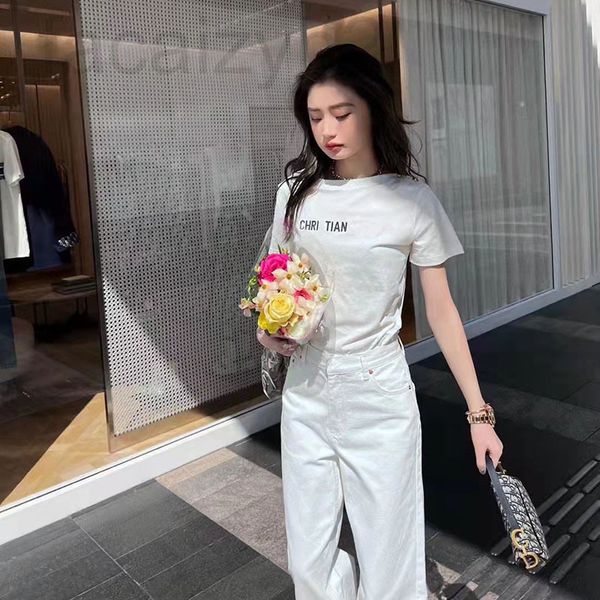 women's t-shirt designer 22 spring and summer new letter t-shirt straight neck hardware buckle gold yarn casual round short sleeve for, White
women's t-shirt designer 22 spring and summer new letter t-shirt straight neck hardware buckle gold yarn casual round short sleeve for, White