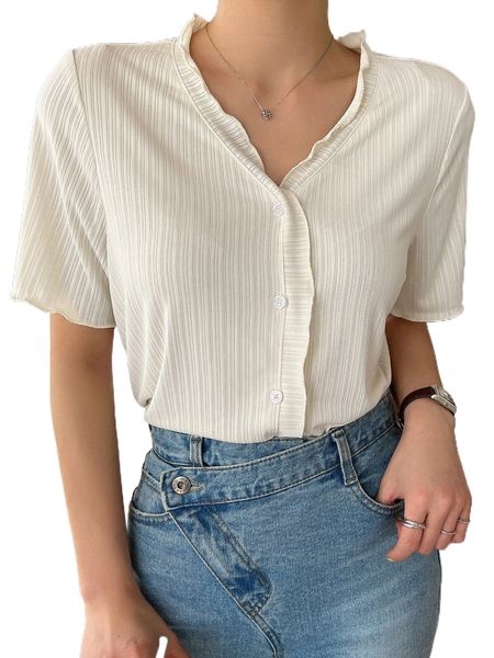 dazy frill lettuce trim button front blouse e0zd#, White