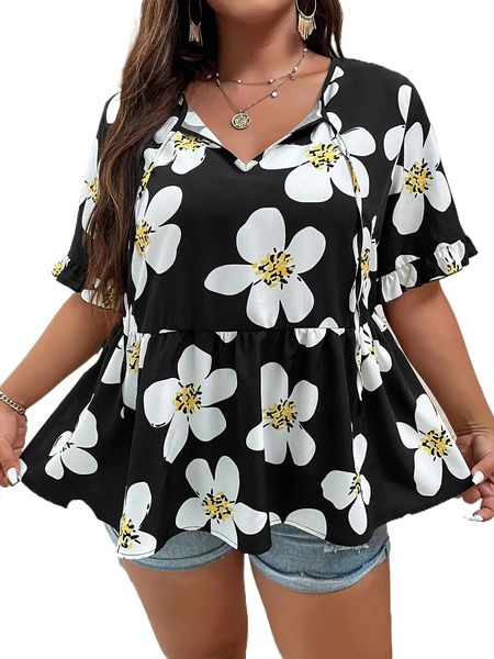 plus floral print flounce sleeve peplum blouse 021b#, Black
plus floral print flounce sleeve peplum blouse 021b#, Black