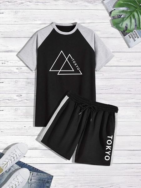 men geo & letter graphic raglan sleeve tee & drawstring waist track shorts s0kb#, Gray
men geo & letter graphic raglan sleeve tee & drawstring waist track shorts s0kb#, Gray
