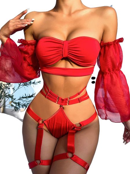 ring linked off the shoulder lingerie set k6na#, Black;red 
ring linked off the shoulder lingerie set k6na#, Black;red