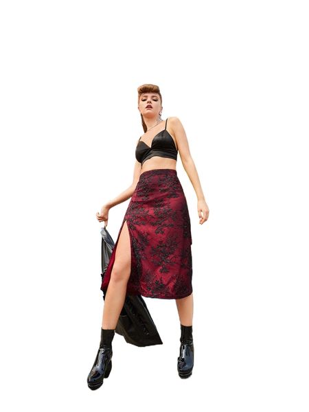 x amanda avery plant embroidery split thigh sequin decor skirt w8qc#, Black