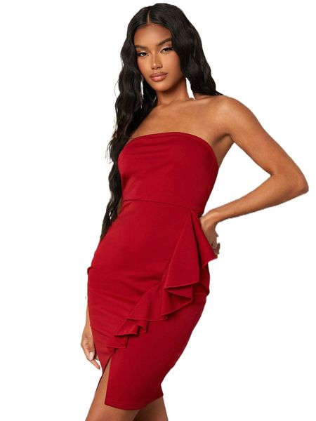 solid ruffle trim tube bodycon dress d8tx#, Black;gray 
solid ruffle trim tube bodycon dress d8tx#, Black;gray