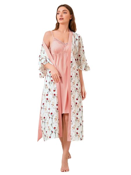 contrast lace nightdress & floral print flounce sleeve belted robe f24r#, Black;red
contrast lace nightdress & floral print flounce sleeve belted robe f24r#, Black;red