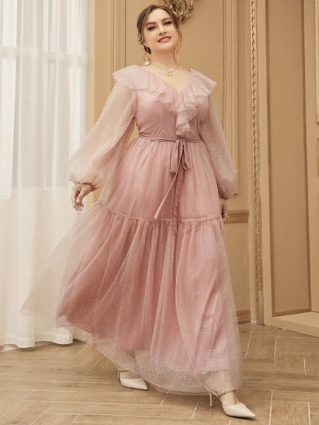 plus ruffle trim lantern sleeve belted maxi dress x58o#, Black
plus ruffle trim lantern sleeve belted maxi dress x58o#, Black