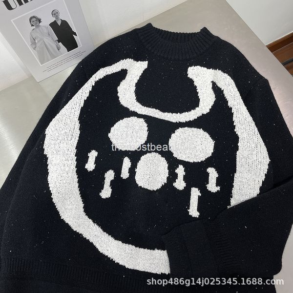 women's knits & tees early spring fashion brand double-sided graffiti monster pattern knitted ghost face long sleeve round neck pure wo, White 
women's knits & tees early spring fashion brand double-sided graffiti monster pattern knitted ghost face long sleeve round neck pure wo, White