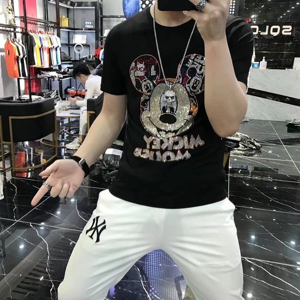 men's t-shirts designer short sleeved spring and summer european fashion net red social guy diamond t-shirt slim round neck 5ptt, White;black