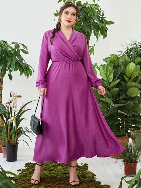 plus lantern sleeve surplice neck dress 44e6#, Black