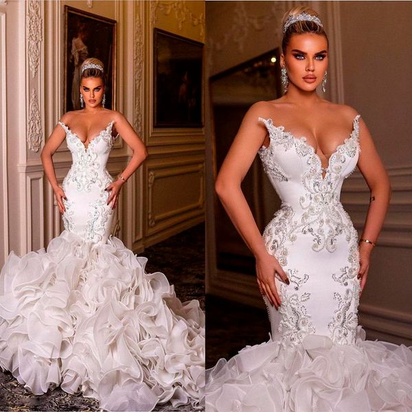 vintage luxurious wedding dresses crystals pearls bridal gown lace-up corset sweetheart layered ruffles cathedral train robes de mariée, White
vintage luxurious wedding dresses crystals pearls bridal gown lace-up corset sweetheart layered ruffles cathedral train robes de mariée, White