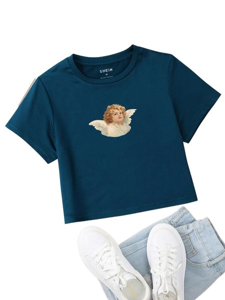 angel print round neck tee 73sj#, White 
angel print round neck tee 73sj#, White