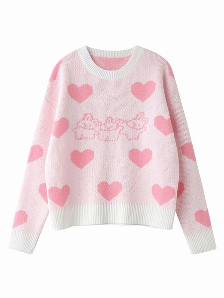 heart and rabbit pattern sweater n3pl#, White;black