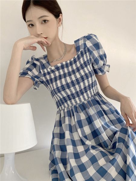 casual dresses puff sleeve women summer square collar midi dress female short-sleeved blue plaid elegant lady s-xl, Black;gray
casual dresses puff sleeve women summer square collar midi dress female short-sleeved blue plaid elegant lady s-xl, Black;gray