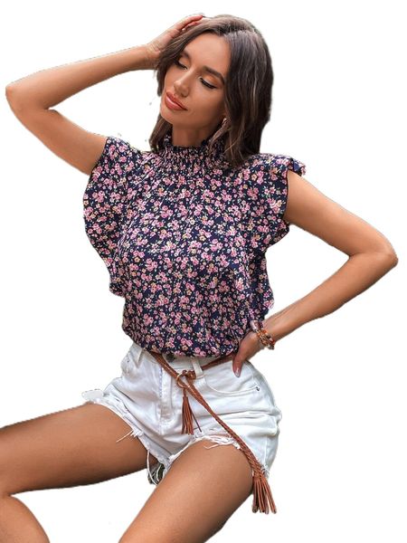 ditsy floral shirred mock neck ruffle trim blouse e6y8#, White 
ditsy floral shirred mock neck ruffle trim blouse e6y8#, White