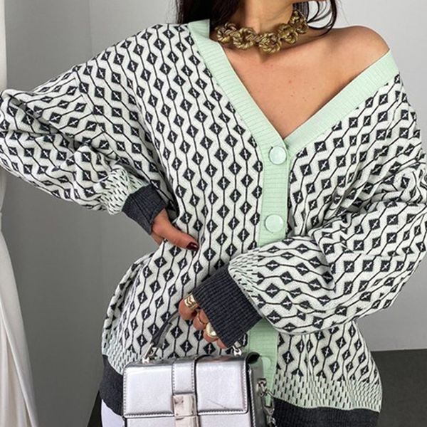 women's knitting sweater color matching diamond lattice single-breasted buttons loose casual knitted cardigan sweaters, White;black
women's knitting sweater color matching diamond lattice single-breasted buttons loose casual knitted cardigan sweaters, White;black