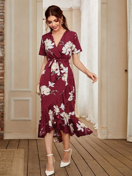 floral belted ruffle wrap mermaid dress 36in#, Black;gray 
floral belted ruffle wrap mermaid dress 36in#, Black;gray