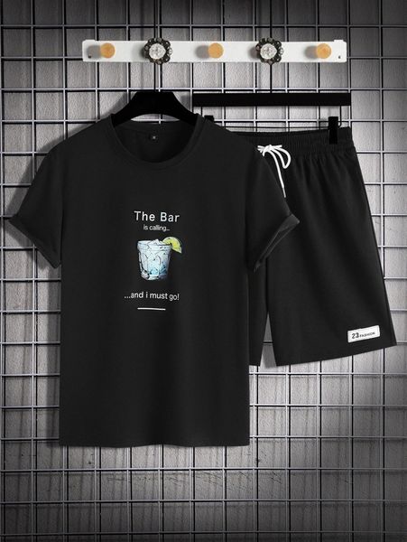 men drink & slogan graphic tee & letter patched detail drawstring waist shorts x39m#, Gray
men drink & slogan graphic tee & letter patched detail drawstring waist shorts x39m#, Gray