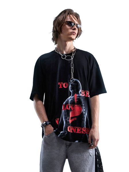 romwe goth guys letter figure graphic oversized tee e6or#, White;black