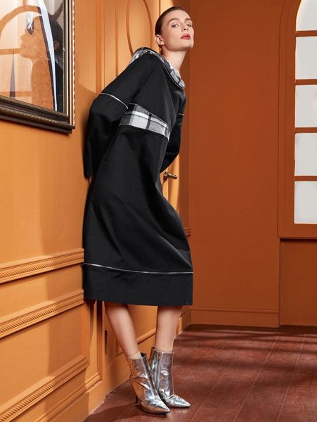 x madhawi zip detail plaid panel mixed media hooded dress 59sq#, Black;gray 
x madhawi zip detail plaid panel mixed media hooded dress 59sq#, Black;gray