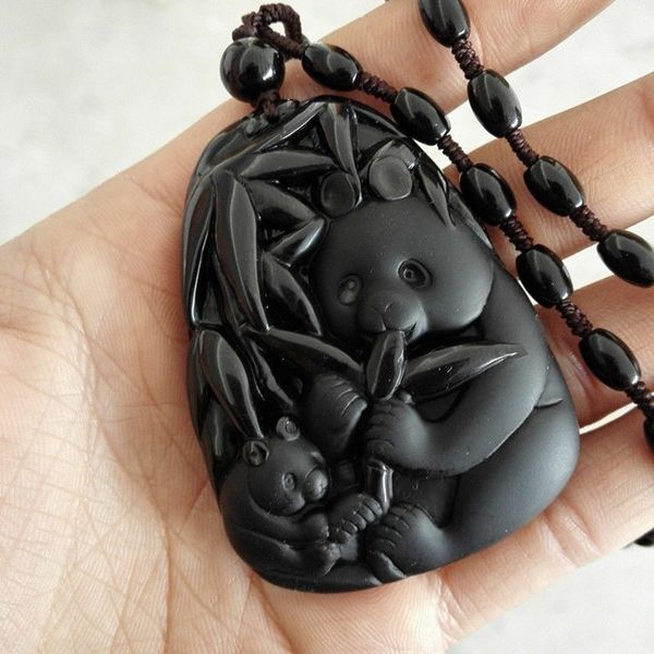 black obsidian bamboo panda pendant necklace, Silver
black obsidian bamboo panda pendant necklace, Silver
