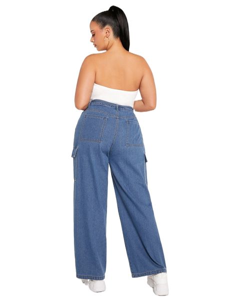 sxy plus high waist flap pocket side belted wide leg jeans u6xk#, Blue 
sxy plus high waist flap pocket side belted wide leg jeans u6xk#, Blue