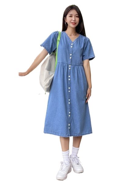 dazy puff sleeve single breasted denim dress x7tu#, Black;gray