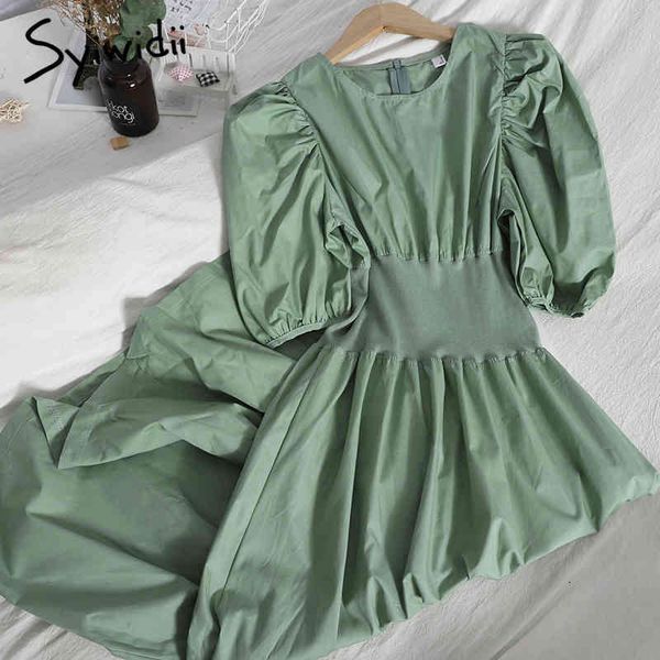 fashion elastic high waist dresses women puff sleeve oneck zipper aline solid green clothing summer korean 210415, Black;gray
fashion elastic high waist dresses women puff sleeve oneck zipper aline solid green clothing summer korean 210415, Black;gray
