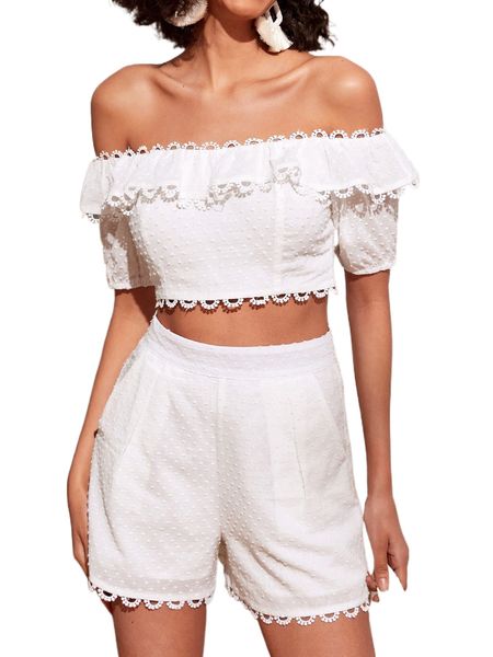 swiss dot guipure lace trim off-shoulder chiffon & shorts d54q#, White
