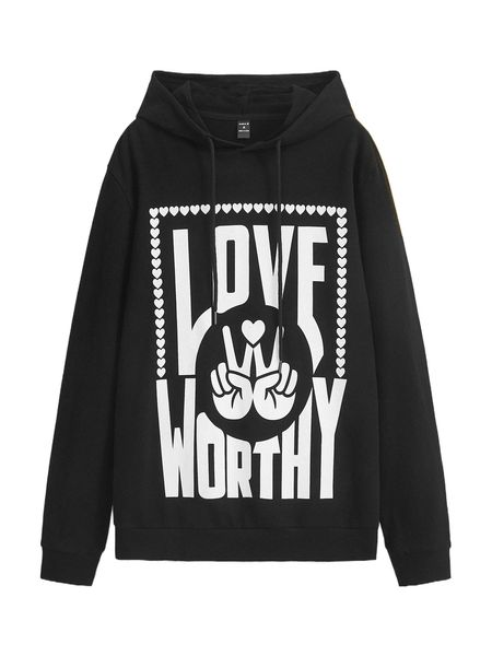 x love worthy men gesture & letter graphic drawstring hoodie w18b#, Black