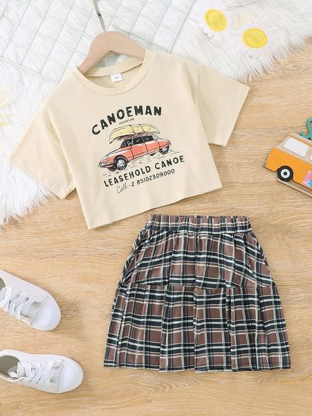 girls car and letter graphic tee & plaid pleated skirt she, White 
girls car and letter graphic tee & plaid pleated skirt she, White