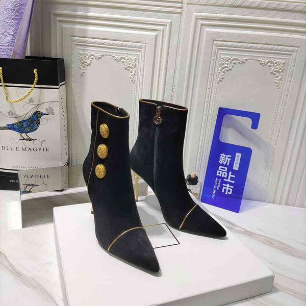 boots women shoes mid calf natural cow suede high heel boots super pointed toe zip metal decoration zapatos de mujer, Black