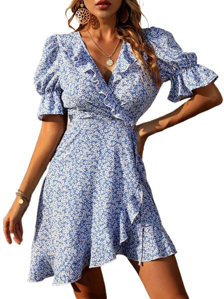 ditsy floral print puff sleeve ruffle trim wrap dress 578y#, Black;gray 
ditsy floral print puff sleeve ruffle trim wrap dress 578y#, Black;gray