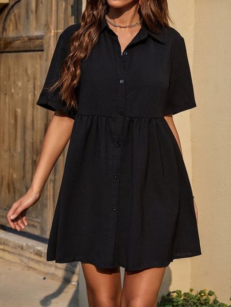 button front ruffle hem smock dress i0v9#, Black;gray