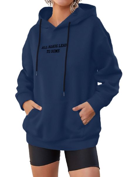 slogan embroidery drop shoulder hoodie 20wd#, Black
