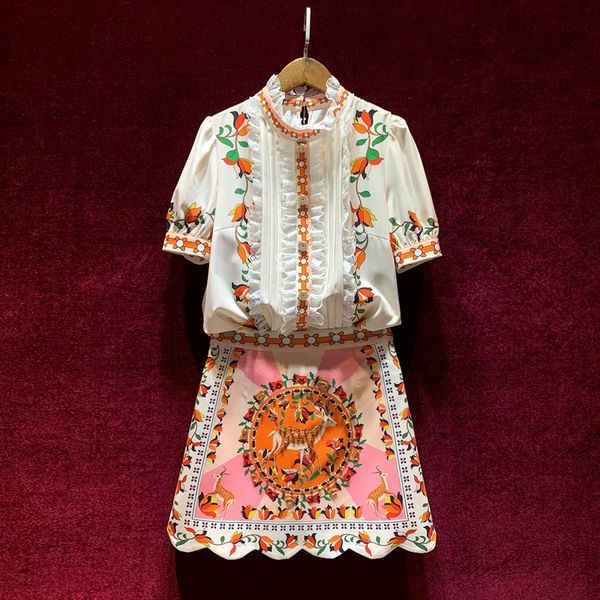 european and american women's wear spring 2022 new short sleeve stitched lace shirt beaded deer print skirt fashion suits, White
european and american women's wear spring 2022 new short sleeve stitched lace shirt beaded deer print skirt fashion suits, White
