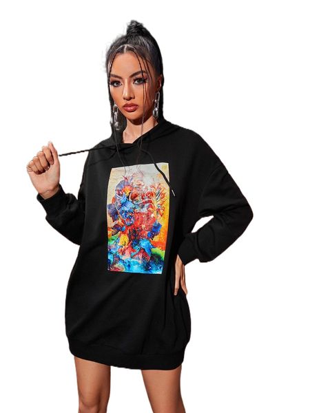 x stillmoving figure graphic drawstring hooded sweatshirt dress z94g#, Black 
x stillmoving figure graphic drawstring hooded sweatshirt dress z94g#, Black