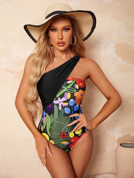 random floral print one shoulder one piece swimsuit y6vt#, White;black