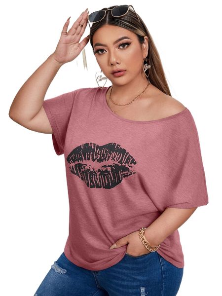 plus lip print batwing sleeve tee u4ss#, Black