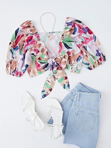 all over print tie front puff sleeve crop k0vj#, White
all over print tie front puff sleeve crop k0vj#, White