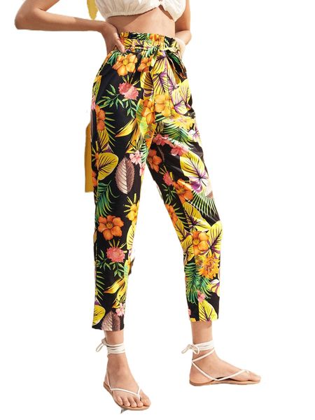 tropical print paper bag waist belted pants h9mu#, Black;white
tropical print paper bag waist belted pants h9mu#, Black;white